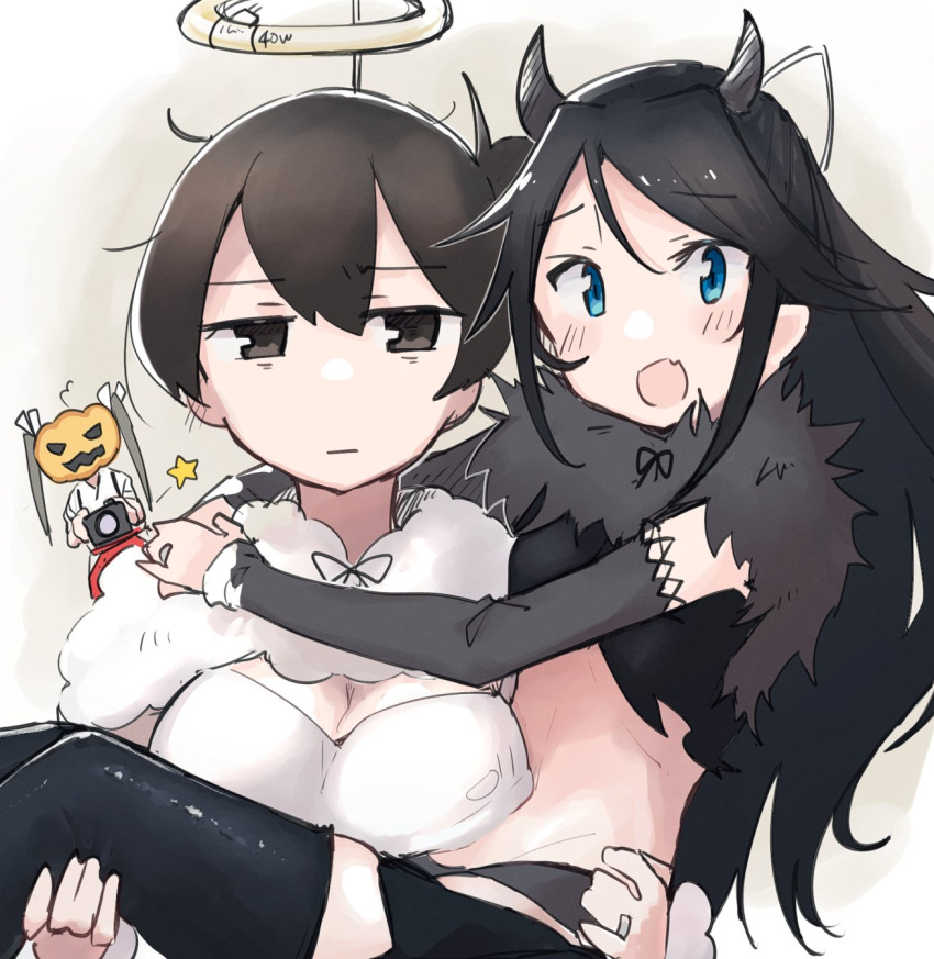 3girls alternate_costume black_hair blue_eyes blush breasts brown_eyes brown_hair camera closed_mouth commentary eyebrows_visible_through_hair green_hair hair_between_eyes hair_ribbon highres holding holding_camera jack-o'-lantern jewelry kaga_(kancolle) kantai_collection katsuragi_(kancolle) large_breasts long_hair ma_rukan multiple_girls ribbon ring side_ponytail signature star_(symbol) symbol-only_commentary twintails wedding_band white_ribbon zuikaku_(kancolle)