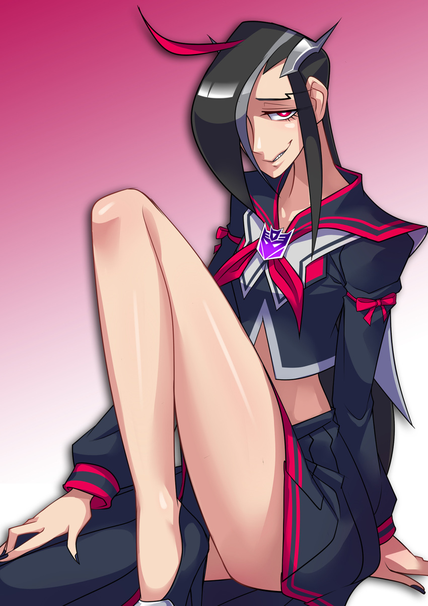 1girl bare_legs black_hair black_nails black_sailor_collar black_serafuku black_shorts black_skirt cropped_shirt decepticon fingernails genderswap genderswap_(mtf) grin hair_over_one_eye high_heels highres humanization knee_up long_hair long_sleeves looking_at_viewer multicolored_hair nail_polish neckerchief one_eye_covered pleated_skirt red_neckerchief red_ribbon ribbon ryuusei_(mark_ii) sailor_collar school_uniform serafuku sharp_fingernails sharp_teeth shorts sitting skirt sleeve_ribbon smile solo starscream streaked_hair teeth transformers transformers_prime