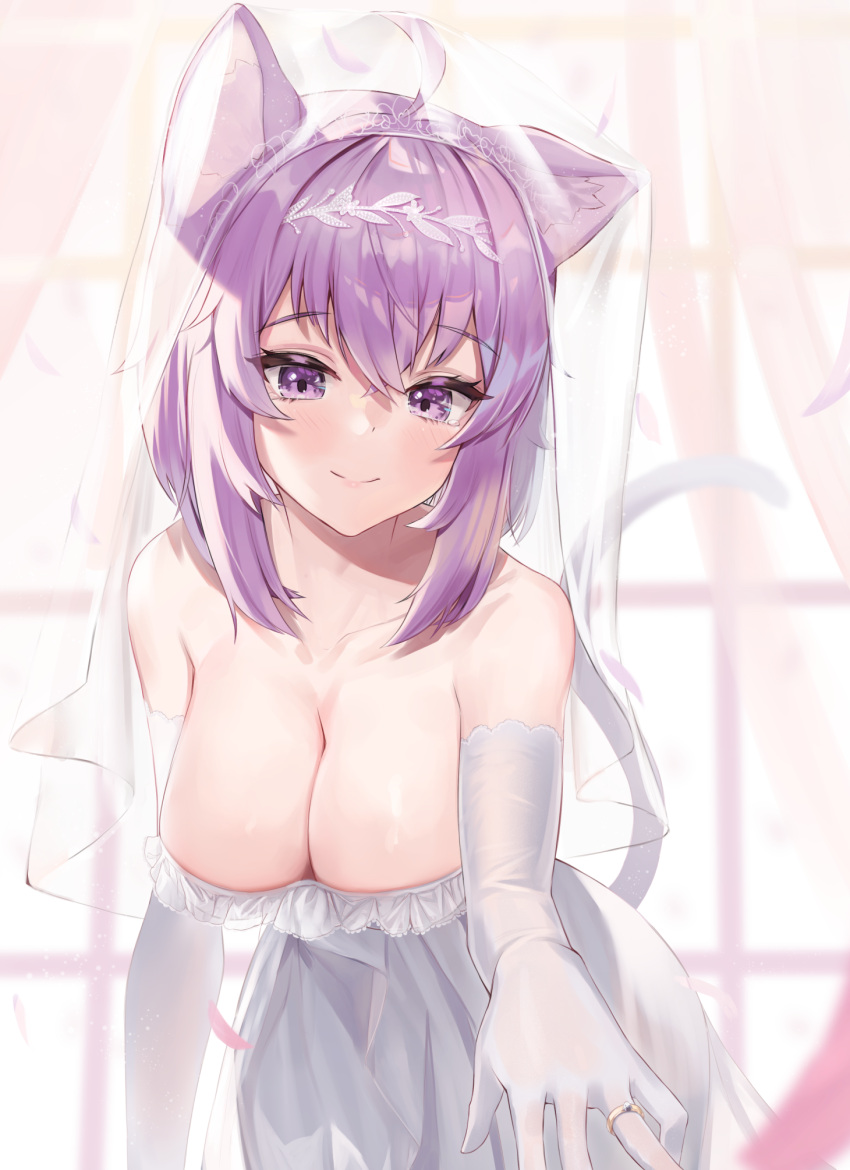 1girl ahoge animal_ear_fluff animal_ears bangs breasts bridal_veil bride cat_ears cat_girl cat_tail circlet cleavage closed_mouth collarbone commentary_request dress elbow_gloves eyebrows_visible_through_hair gloves highres hololive indoors jewelry large_breasts leaning_forward light_blush lips medium_hair nekomata_okayu outstretched_hand pov purple_eyes purple_hair ring shadow smile solo strapless strapless_dress sunlight tail tears veil virtual_youtuber wedding wedding_dress wedding_ring white_dress white_gloves window woogi_(duguddnr)