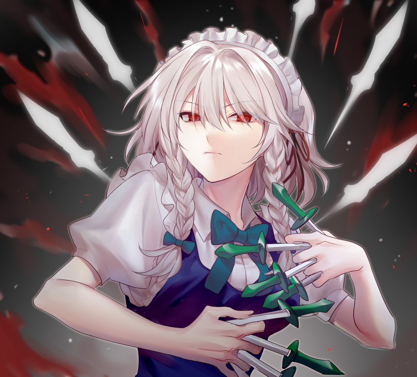 1girl :| absurdres bangs between_fingers black_background blood blood_splatter blue_dress braid breasts closed_mouth collared_shirt commentary crimsonknigh_t cropped_torso dress eyebrows_visible_through_hair green_neckwear green_ribbon hair_between_eyes hair_ribbon highres holding holding_knife izayoi_sakuya knife knives_between_fingers looking_at_viewer maid maid_headdress medium_hair puffy_short_sleeves puffy_sleeves red_eyes ribbon serious shirt short_sleeves simple_background small_breasts touhou tress_ribbon twin_braids upper_body v-shaped_eyebrows white_hair white_shirt wing_collar