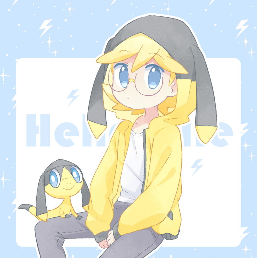 1boy akasaka_(qv92612) alternate_costume bangs blonde_hair blue_eyes character_name clemont_(pokemon) closed_mouth commentary_request cosplay eyebrows_visible_through_hair glasses grey_pants helioptile helioptile_(cosplay) highres hood hood_up hooded_jacket invisible_chair jacket long_sleeves looking_at_viewer male_focus open_clothes open_jacket pants pokemon pokemon_(creature) pokemon_(game) pokemon_ears pokemon_xy shirt short_hair sitting sparkle white_shirt yellow_jacket