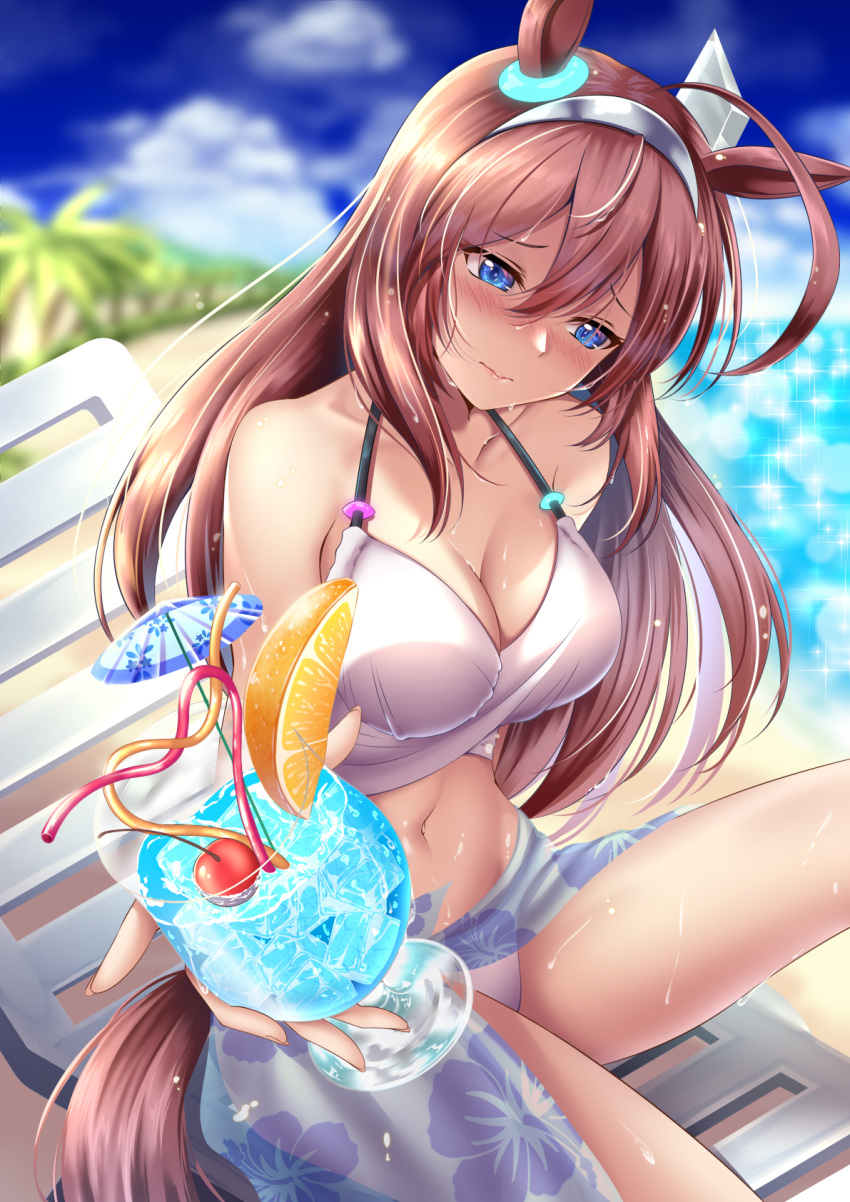 1girl ahoge animal_ears bangs beach beach_chair bikini blue_eyes blue_sky blurry blurry_background blush breasts brown_hair cherry cleavage closed_mouth collarbone commentary_request cup day drinking_straw embarrassed floral_print food fruit hair_between_eyes hair_ornament highres holding holding_cup horse_ears horse_girl horse_tail ice ice_cube looking_at_viewer mihono_bourbon_(umamusume) navel ocean orange_(fruit) orange_slice outdoors palm_tree print_sarong rairaisuruyo sarong sitting sky solo swimsuit tail tree umamusume wet