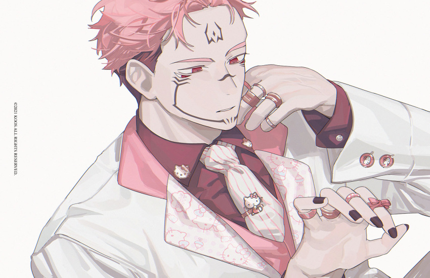 1boy black_hair black_nails collared_shirt dress_shirt extra_eyes facial_tattoo hello_kitty hello_kitty_(character) itadori_yuuji jacket jewelry jujutsu_kaisen k00s long_sleeves male_focus necktie parted_lips pin pink_hair red_eyes red_shirt ring ryoumen_sukuna_(jujutsu_kaisen) shirt short_hair simple_background solo tattoo undercut upper_body white_background white_jacket white_necktie