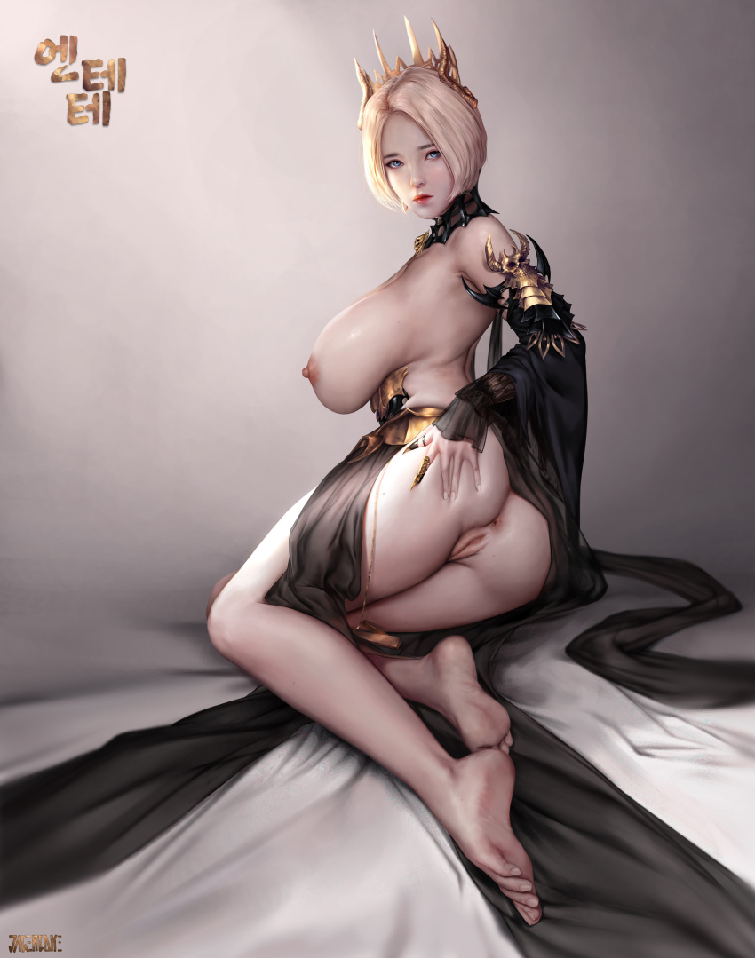 1girl absurdres anus armpits ass avatar_(mabinogi) back backless_outfit bare_shoulders barefoot blonde_hair blue_eyes blush breasts censored closed_mouth commentary crown detached_sleeves dress english_commentary feet foreshortening hand_on_own_ass hands highres jagercoke large_breasts legs looking_at_viewer looking_back mabinogi mabinogi_heroes mosaic_censoring nipples original pussy sitting soles solo thighs thong toes underwear