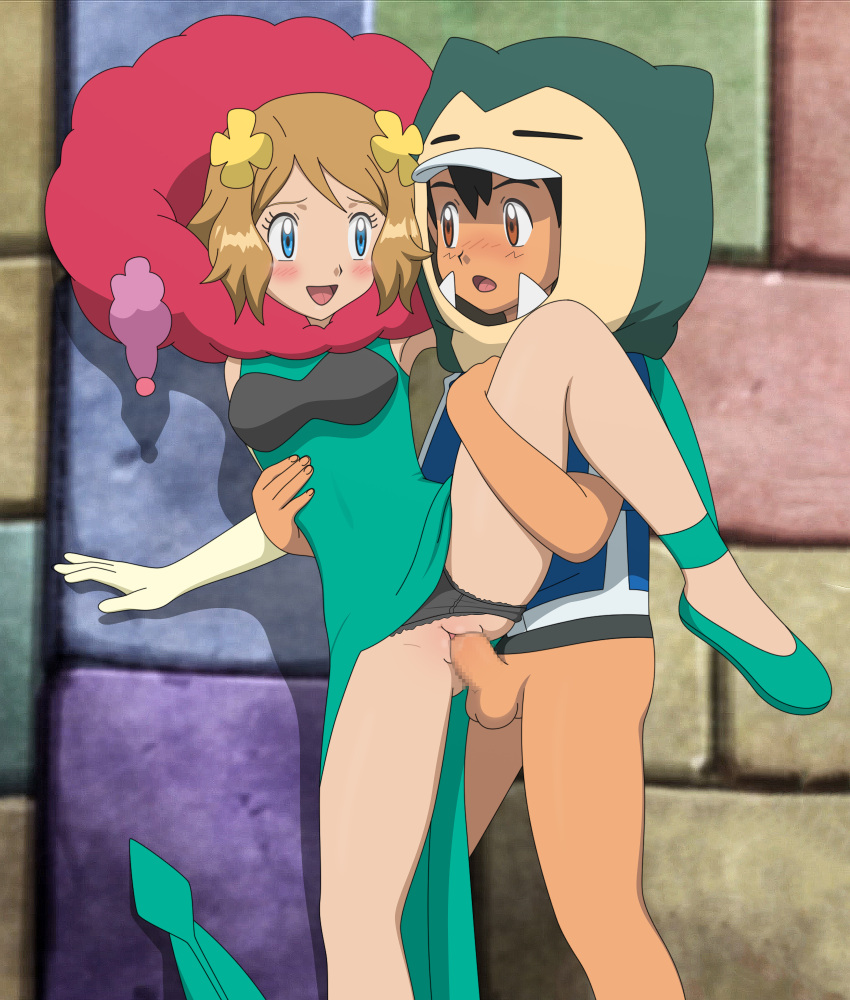 1boy 1girl :d ash_ketchum bangs black_hair blue_eyes blue_jacket blush bottomless brown_eyes censored clothing_aside commentary_request cosplay dress eyelashes florges florges_(cosplay) flower gloves green_dress green_footwear hair_flower hair_ornament happy_sex hetero highres jacket jitan_(jjvm4477) leg_up light_brown_hair mosaic_censoring open_mouth panties panties_aside penis pokemon pokemon_(anime) pokemon_xy_(anime) pussy red_scarf scarf serena_(pokemon) sex shiny shiny_hair shoes short_hair smile snorlax snorlax_(cosplay) standing standing_sex testicles thighs tongue underwear vaginal yellow_flower