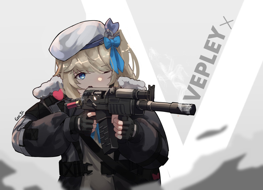1girl aiming beret black_gloves black_jacket blonde_hair blue_bow blue_eyes bow commentary commission english_commentary finger_on_trigger fingerless_gloves gar32 girls'_frontline girls'_frontline_2:_exilium gloves grey_shirt gun hair_bow hat heart highres holding holding_gun holding_weapon jacket one_eye_closed one_side_up open_clothes open_jacket shell_casing shirt solo upper_body vepley_(girls'_frontline_2) vepr-12 weapon white_headwear