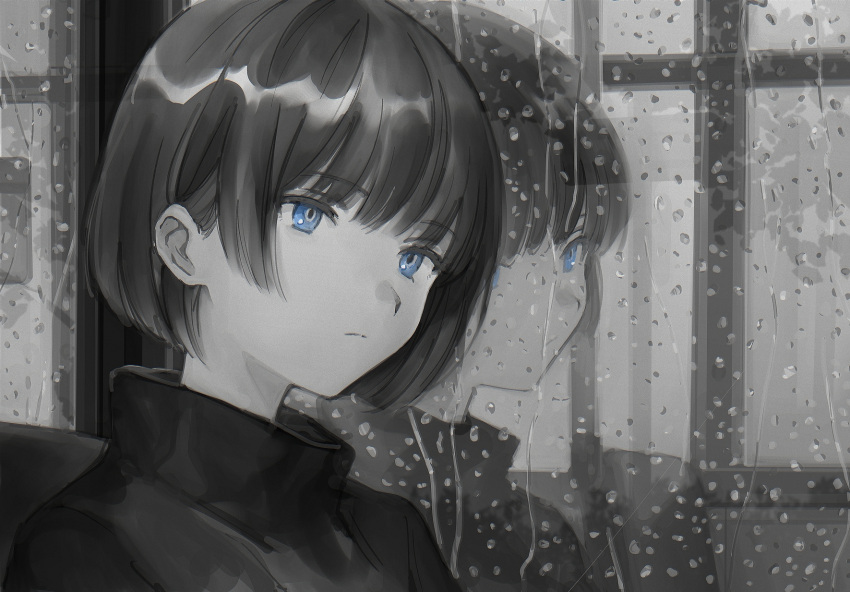 1girl bangs black_hair black_sweater blue_eyes bob_cut chair closed_mouth different_reflection dm_owr eyebrows_visible_through_hair greyscale highres indoors monochrome original rain reflection short_hair sitting solo spot_color sweater upper_body window