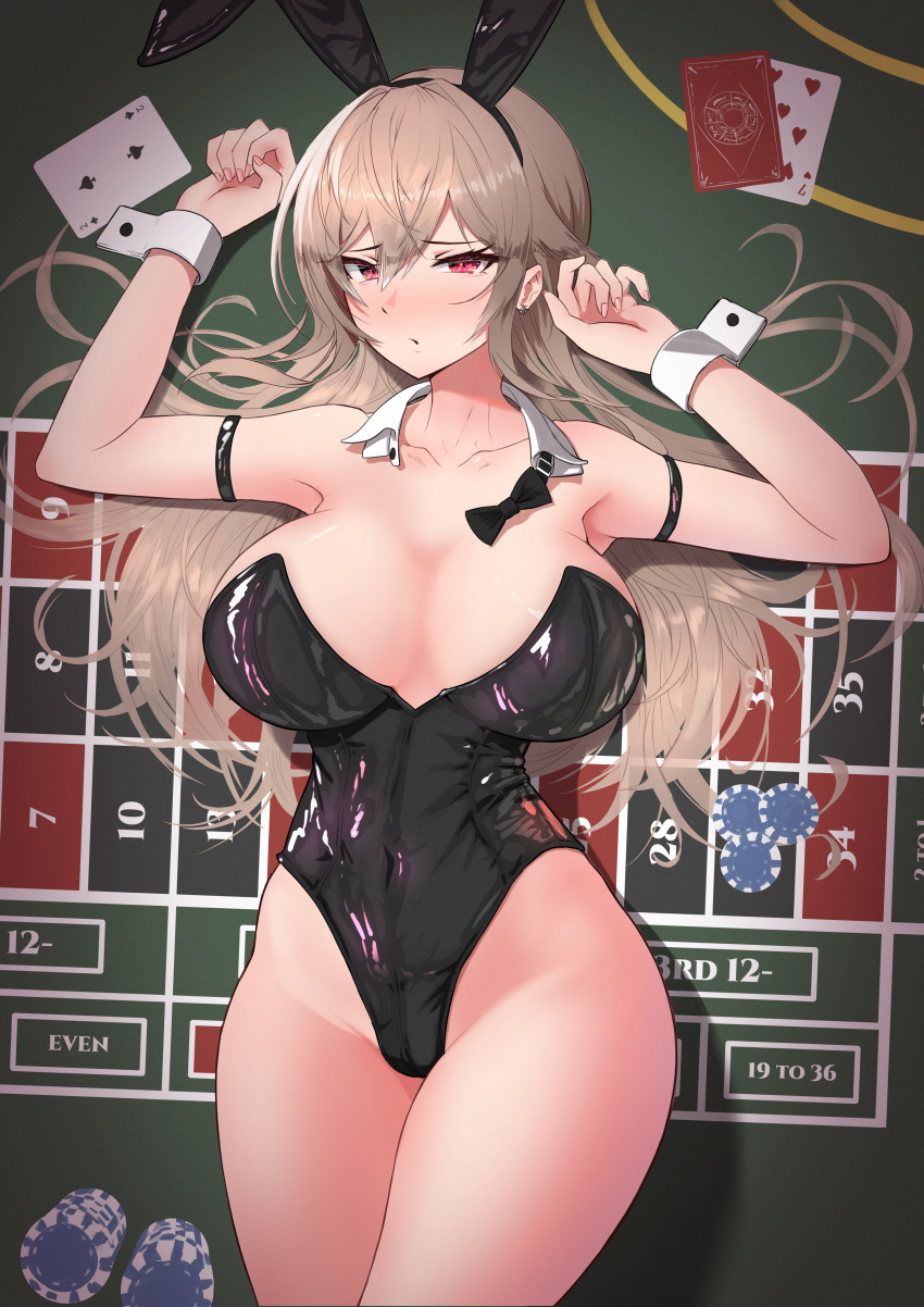 1girl :o absurdres animal_ears armband arms_up breasts brown_hair casino_card_table cleavage furen_e_lustario highleg highleg_leotard highres large_breasts leotard looking_at_viewer lying nijisanji on_back playboy_bunny rabbit_ears red_eyes skindentation solo thighs velceed virtual_youtuber