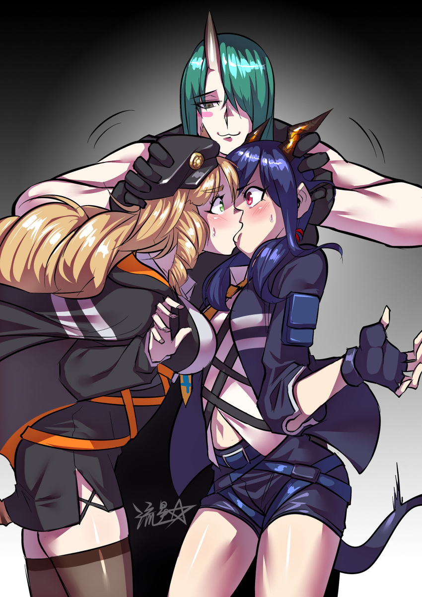 3girls :3 animal_ears arknights belt belt_buckle black_gloves black_jacket blonde_hair blue_hair blue_jacket blush blush_stickers brown_legwear buckle ch'en_(arknights) closed_mouth dragon_girl dragon_horns dragon_tail dress eyebrows_visible_through_hair fingerless_gloves forced_kiss gloves green_eyes green_hair hair_over_one_eye hair_over_shoulder hands_up height_difference highres horns hoshiguma_(arknights) jacket long_hair low_twintails multiple_girls navel necktie one_eye_covered oni oni_horns pencil_dress red_eyes ryuusei_(mark_ii) shirt short_dress short_shorts shorts side_slit signature single_horn skindentation smile sweat sweatdrop swire_(arknights) tail tall_female thighhighs tiger_girl tiger_tail twintails white_shirt wide-eyed yellow_eyes yellow_necktie yuri
