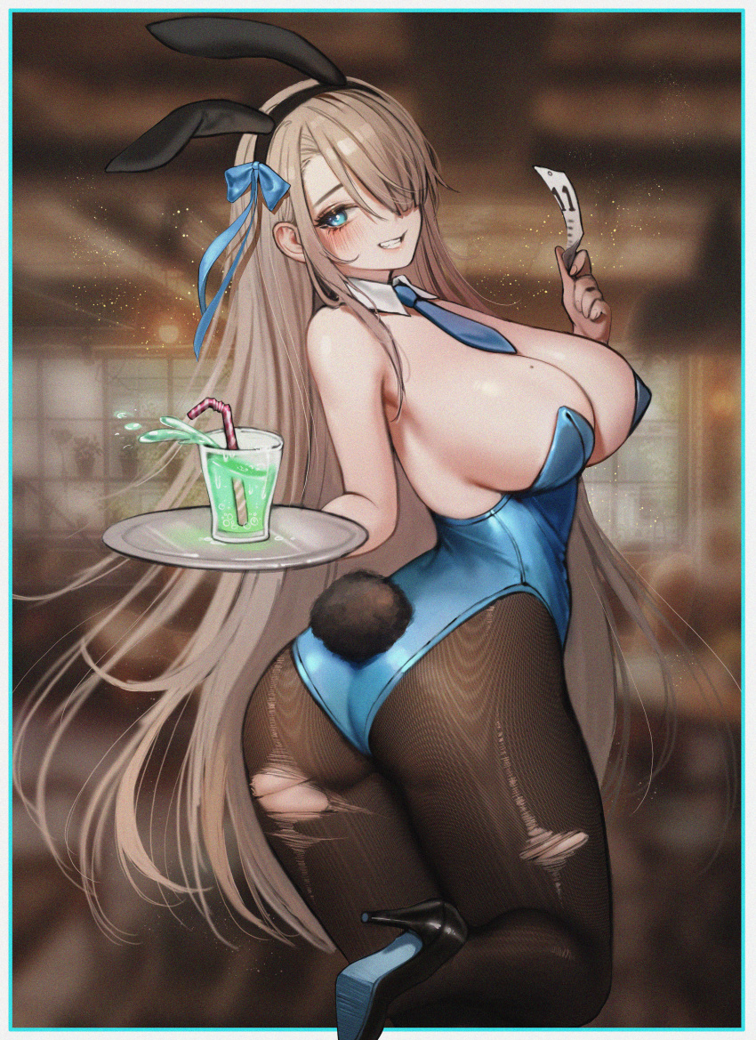 1girl absurdres animal_ears ass asuna_(blue_archive) black_footwear black_hairband blue_archive blue_bow blue_eyes blue_leotard blue_necktie blush border bow breasts brown_legwear commentary_request cup detached_collar drinking_straw extra_ears fake_animal_ears from_behind gg_amang grin hair_bow hair_over_one_eye hairband high_heels highres holding holding_tray indoors large_breasts leotard light_brown_hair long_hair looking_back mole mole_on_breast necktie pantyhose playboy_bunny rabbit_ears rabbit_tail smile solo standing standing_on_one_leg tail torn_clothes torn_legwear tray twisted_torso very_long_hair