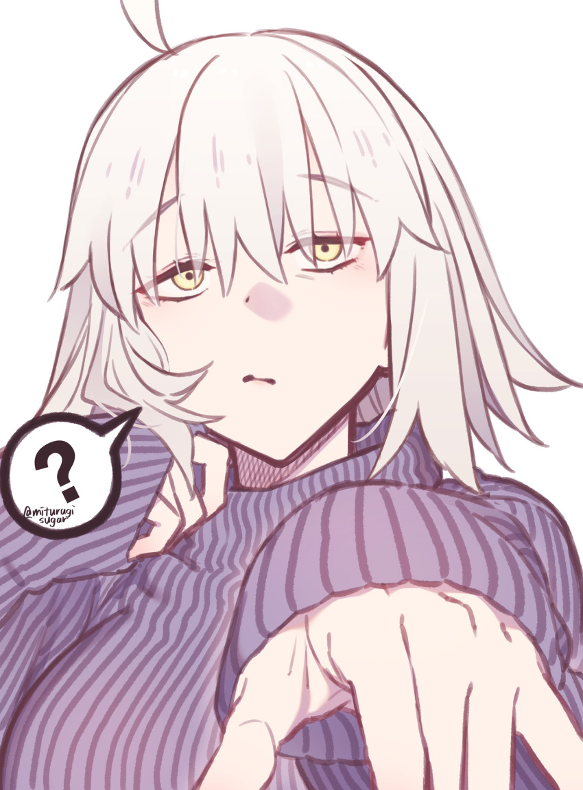 1girl ? ahoge bangs breasts fate/grand_order fate_(series) grey_sweater highres jeanne_d'arc_(alter)_(fate) jeanne_d'arc_(fate) large_breasts long_sleeves looking_at_viewer mitsurugi_sugar purple_sweater ribbed_sweater short_hair silver_hair solo spoken_question_mark sweater turtleneck turtleneck_sweater yellow_eyes