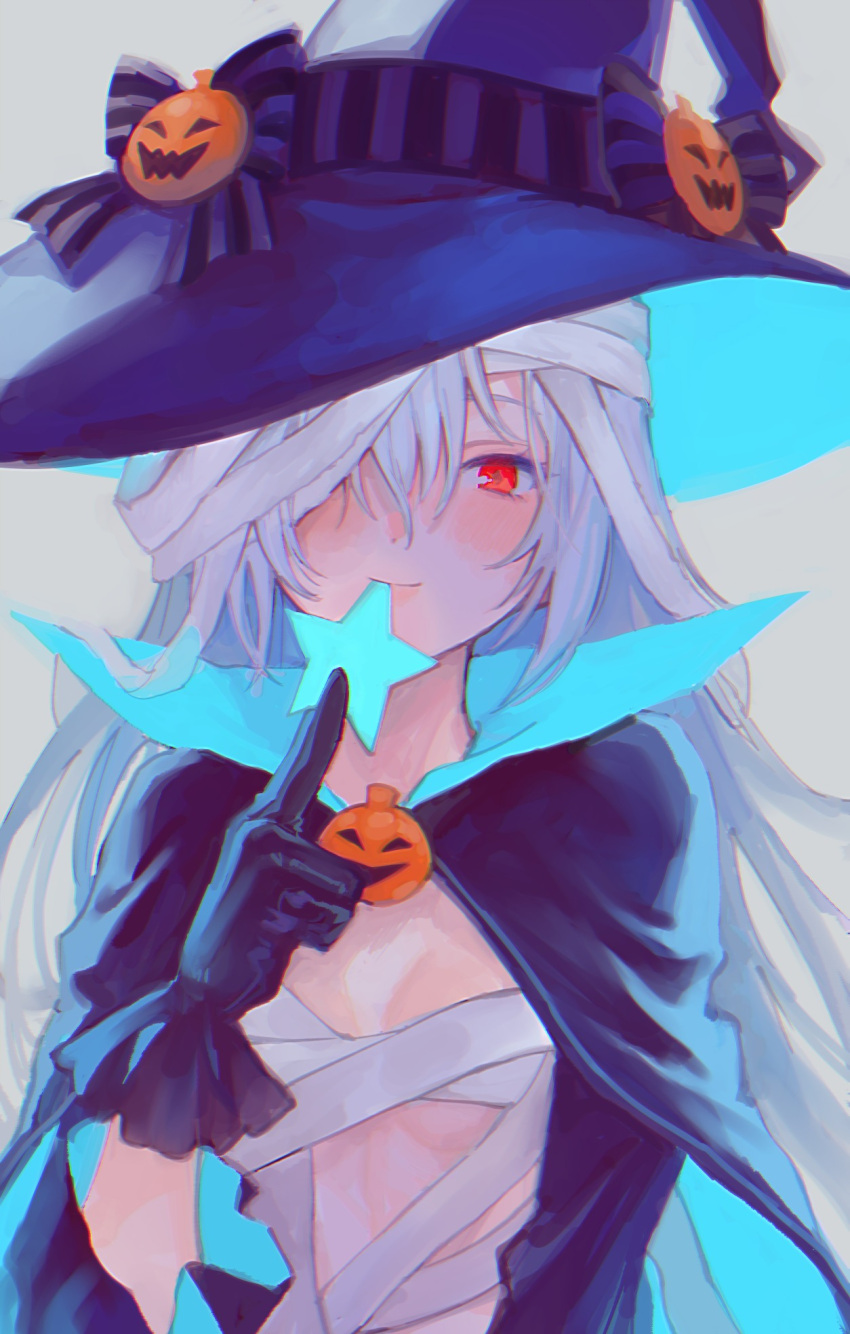 1girl bandages bangs black_cape black_gloves blue_cape blush breasts cape detached_sleeves dm_owr girls'_frontline gloves grey_background hair_over_one_eye halloween_costume hat highres long_hair looking_at_viewer mouth_hold official_alternate_costume pumpkin simple_background small_breasts smile solo star_(symbol) tokarev_(girls'_frontline) upper_body very_long_hair white_hair witch_hat