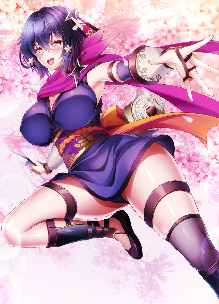 1girl bangs black_footwear black_panties blush breasts cherry_blossoms cleavage commentary_request commission covered_nipples detached_sleeves dress hair_between_eyes hair_ornament heart heart-shaped_pupils highres holding holding_weapon kunai large_breasts ninja obi open_mouth original outstretched_arms outstretched_leg panties purple_dress purple_hair red_eyes sash scarf shuriken skeb_commission smile symbol-shaped_pupils teeth thigh_strap thighs underwear weapon yuuzuki_hijiri