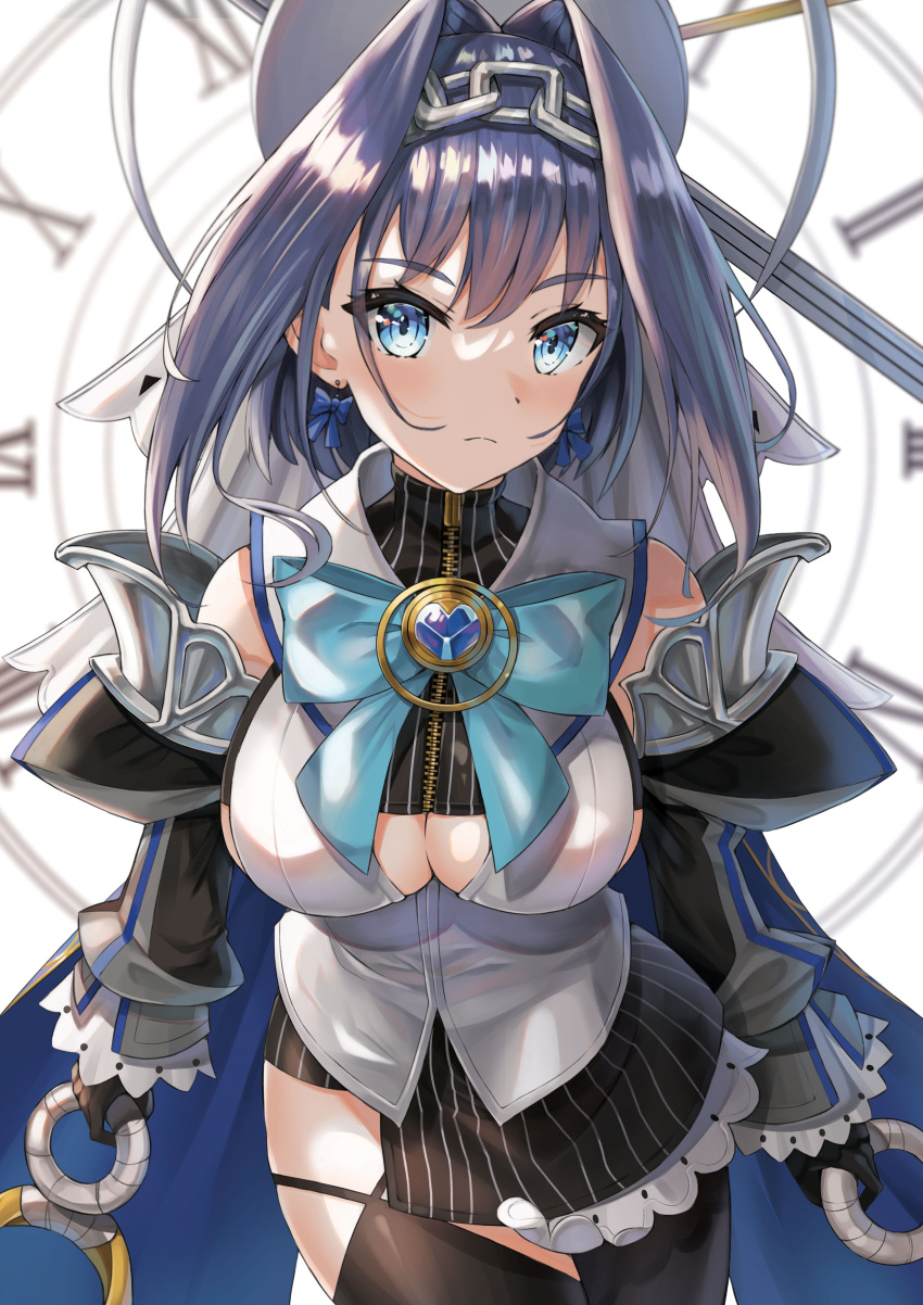 1girl absurdres alter_(kxk7357) bangs black_gloves black_legwear blue_eyes blue_hair bow bow_earrings bowtie breasts cleavage_cutout clock clock_hands closed_mouth clothing_cutout detached_sleeves earrings eyebrows_visible_through_hair gloves hair_intakes head_chain highres holding holding_weapon hololive hololive_english jewelry large_breasts looking_at_viewer mechanical_halo miniskirt ouro_kronii roman_numeral sailor_collar short_hair single_thighhigh skirt solo thighhighs veil virtual_youtuber weapon zipper zipper_pull_tab