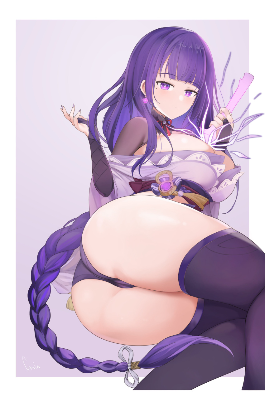 1girl absurdres artist_name ass bangs blunt_bangs braid breasts bridal_gauntlets commentary_request earrings eyebrows_visible_through_hair genshin_impact highres japanese_clothes jewelry kimono large_breasts long_hair mole mole_under_eye nail_polish obi off_shoulder panties purple_eyes purple_hair purple_nails purple_panties raiden_shogun riba sash single_braid solo thighhighs thighs underwear very_long_hair