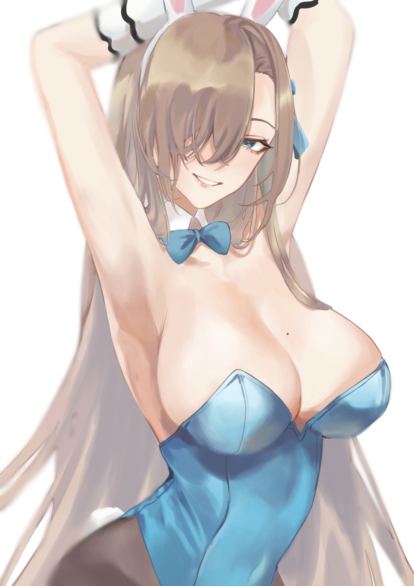 1girl animal_ears armpits arms_behind_head arms_up asuna_(blue_archive) bangs bare_shoulders blue_archive blue_leotard blush breasts cleavage detached_collar fake_animal_ears hair_over_one_eye highres karen_ngao large_breasts leotard light_brown_hair long_hair looking_at_viewer mole mole_on_breast pantyhose playboy_bunny rabbit_ears smile solo