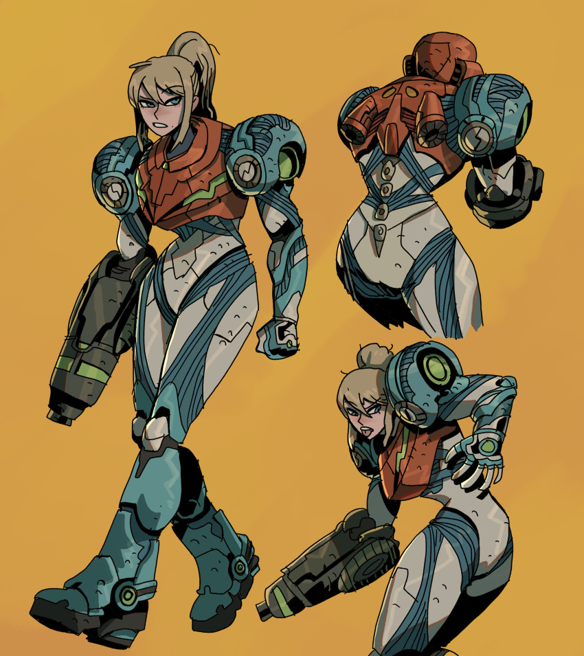 1girl arm_cannon armor ass bangs blonde_hair blue_eyes commentary_request duplicate english_commentary full_body glowing gun highres ho-uja korean_commentary long_hair looking_at_viewer metroid metroid_dread mixed-language_commentary mole mole_under_mouth pixel-perfect_duplicate ponytail power_armor power_suit samus_aran science_fiction sidelocks simple_background solo upper_body visor weapon