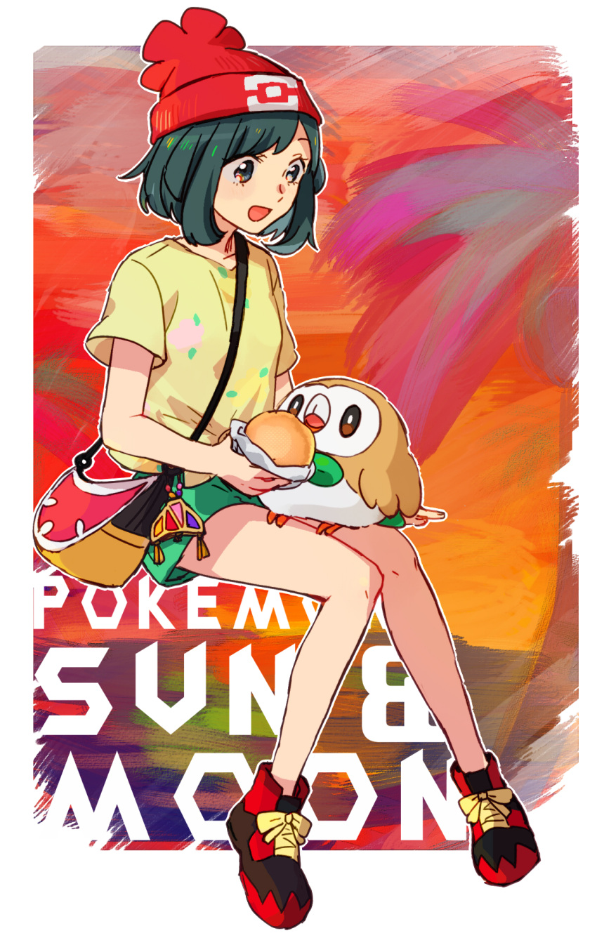 1girl :d bag bangs bare_legs beanie black_hair commentary_request eyelashes feeding floral_print full_body green_shorts hat highres hinata_(h_in_ryo2639) malasada open_mouth pokemon pokemon_(creature) pokemon_(game) pokemon_sm red_headwear rowlet selene_(pokemon) shirt shoes short_shorts short_sleeves shorts shoulder_bag smile sneakers t-shirt yellow_shirt