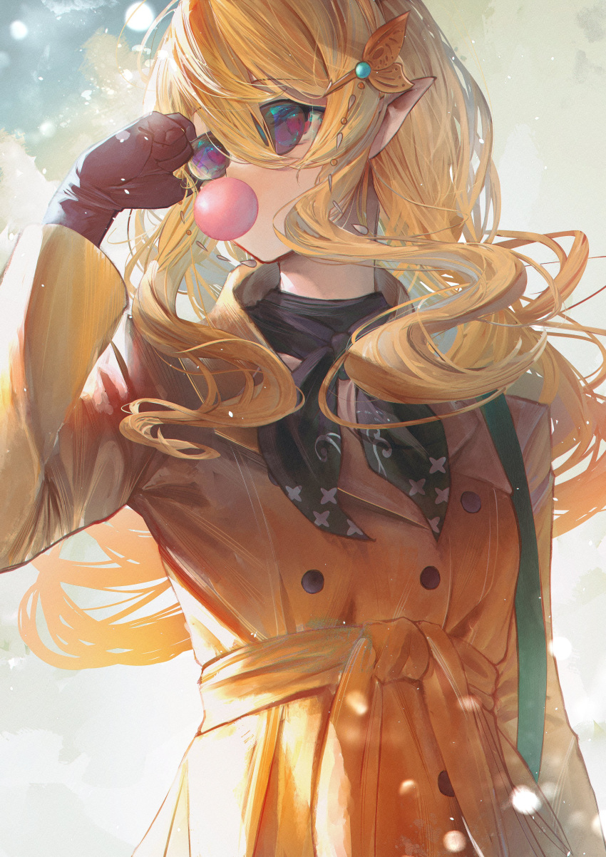 1girl absurdres bag bangs betabeet black_gloves black_neckerchief blonde_hair bubble_blowing buttons chewing_gum coat collared_coat covered_mouth gloves green_bag hair_ornament hand_on_own_face highres long_hair long_sleeves looking_to_the_side neckerchief nijisanji nijisanji_en orange_coat pink_eyes pointy_ears pomu_rainpuff sidelocks solo standing sunglasses upper_body virtual_youtuber
