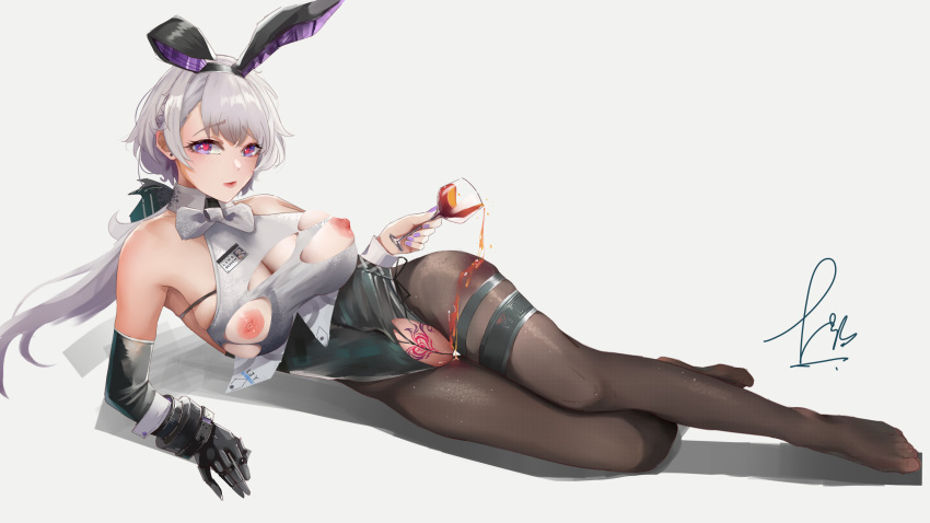 1girl absurdres animal_ears azur_lane backless_leotard black_leotard bow bowtie brown_legwear cup detached_collar ear_piercing elbow_gloves fake_animal_ears full_body gloves grey_background heart heart-shaped_pupils highleg highleg_leotard highres holding holding_cup leotard leotard_under_clothes light_purple_hair linjianga_lin looking_at_viewer lying mechanical_hands metal_gloves nipples official_alternate_costume on_side pantyhose parted_hair piercing playboy_bunny pouring_onto_self pubic_tattoo purple_eyes rabbit_ears reno_(azur_lane) reno_(reno_bunnino)_(azur_lane) see-through_shirt shirt short_hair_with_long_locks side-tie_leotard signature simple_background single_elbow_glove single_mechanical_hand skindentation soles solo strapless strapless_leotard symbol-shaped_pupils tattoo thigh_gap thigh_strap tongue torn_clothes torn_leotard torn_shirt white_bow white_bowtie white_shirt wrist_cuffs