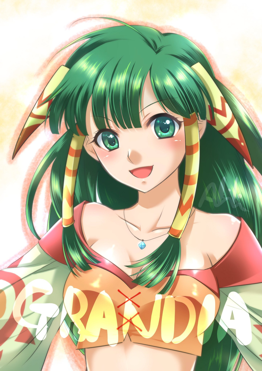 1girl akihi_murata breasts copyright_name feena_(grandia) grandia grandia_i green_eyes green_hair hair_ornament hair_tubes highres jewelry long_hair looking_at_viewer midriff necklace open_mouth simple_background smile solo