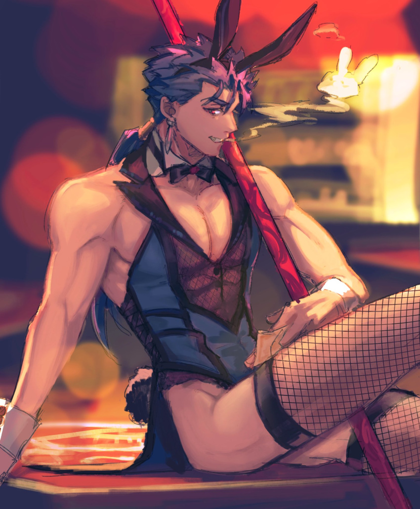 1boy alternate_costume animal_ears beads biceps blue_hair bow bowtie cu_chulainn_(fate) cu_chulainn_(fate/stay_night) cuffs detached_collar earrings fate/stay_night fate_(series) fishnets gae_bolg_(fate) grin hair_beads hair_ornament highres holding holding_polearm holding_weapon jewelry long_hair male_focus male_playboy_bunny muscular muscular_male ojitaro12 pectoral_cleavage pectorals polearm ponytail rabbit_ears rabbit_tail red_eyes skin_tight smile smoking solo spiked_hair tail thighhighs weapon