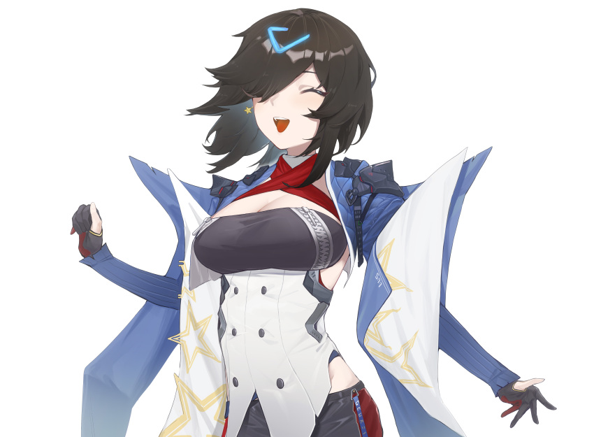 1girl absurdres azur_lane black_gloves black_hair black_shirt blue_coat breast_zipper breasts buttons cleavage cleavage_cutout closed_eyes clothing_cutout coat double-breasted georgia_(azur_lane) gloves hair_ornament highres large_breasts maoxian_qiu_wan_maoxian open_clothes open_coat open_mouth partially_fingerless_gloves shirt simple_background solo teeth upper_body upper_teeth white_background zipper