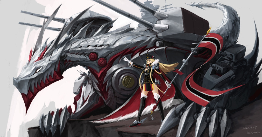 1girl artillery artist_name azur_lane bismarck_(azur_lane) black_cape black_footwear black_headwear black_jacket boots breasts cape cleavage dated flag floating_hair full_body fur-trimmed_boots fur-trimmed_cape fur_trim gloves hair_between_eyes hat holding holding_flag jacket knee_boots lao_xian large_breasts long_hair mechanical_dragon outstretched_arm peaked_cap pelvic_curtain red_cape rigging solo standing turret two-tone_cape very_long_hair white_gloves