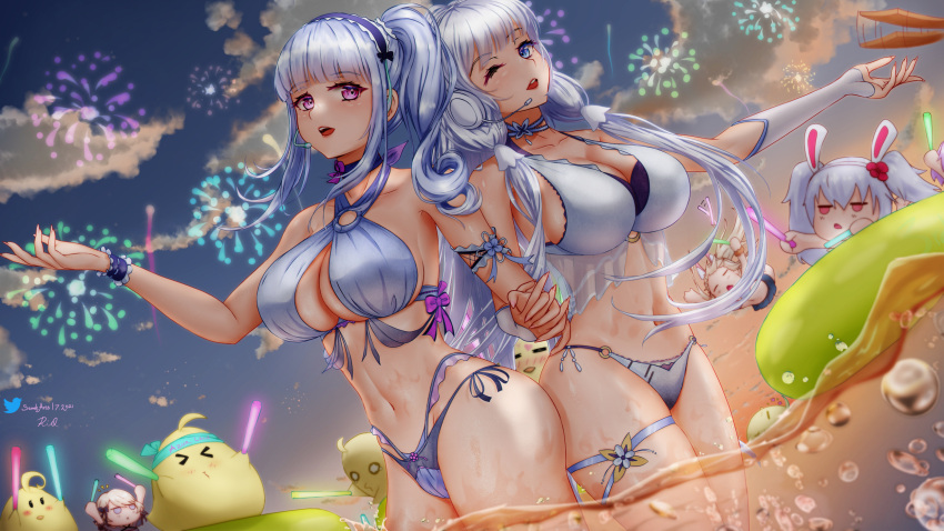 &gt;_&lt; 6+girls air_bubble alternate_costume animal_ears arms_up ayanami_(azur_lane) azur_lane bandana bikini blue_bikini blue_eyes blue_skirt blue_sky breasts bubble center_opening chibi cleavage cloud criss-cross_halter dated detached_sleeves dido_(azur_lane) eyebrows_visible_through_hair fake_animal_ears fireworks glowstick green_innertube halterneck highres holding_hands illustrious_(azur_lane) innertube javelin_(azur_lane) laffey_(azur_lane) large_breasts light_blue_hair light_brown_hair long_hair looking_at_viewer manjuu_(azur_lane) multiple_girls navel o-ring o-ring_bikini official_alternate_costume one_eye_closed purple_eyes rabbit_ears riq_semak see-through skirt sky standing swimsuit twintails twitter_username very_long_hair water white_bikini white_hair z23_(azur_lane) z23_(breezy_doubles)_(azur_lane)