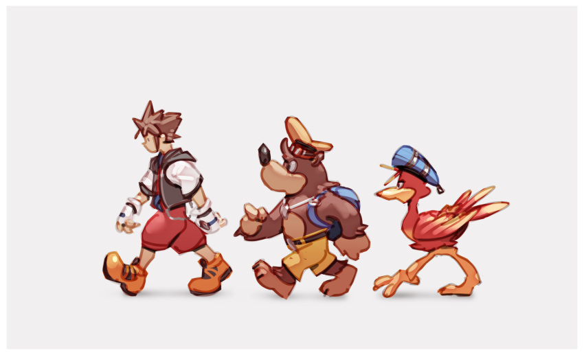 1boy banjo-kazooie banjo_(banjo-kazooie) bear bird blue_eyes brown_hair cosplay donald_duck donald_duck_(cosplay) gloves goofy goofy_(cosplay) hat highres jewelry kazooie_(banjo-kazooie) kingdom_hearts kingdom_hearts_i male_focus necklace nin_nakajima short_hair shorts smile sora_(kingdom_hearts) spiked_hair super_smash_bros.