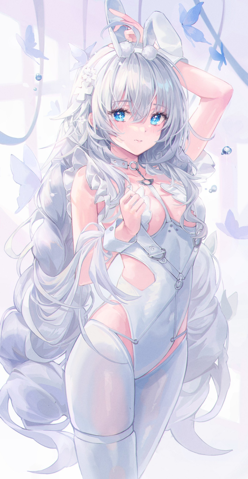 1girl absurdres animal_ears azur_lane between_breasts blue_eyes breast_cutout breasts cleavage_cutout clothing_cutout highres le_malin_(azur_lane) le_malin_(listless_lapin)_(azur_lane) leotard long_hair looking_at_viewer lujang_(fudge) official_alternate_costume playboy_bunny rabbit_ears revealing_clothes solo thighhighs thighs white_hair white_legwear white_leotard