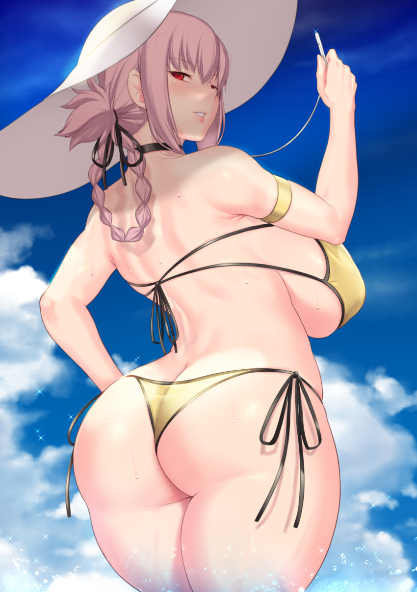 1girl ass aster_crowley bikini braid braided_ponytail breasts chaldea_lifesavers eyebrows_visible_through_hair fate/grand_order fate_(series) florence_nightingale_(fate) from_behind hat highres huge_breasts lipgloss long_braid long_hair looking_at_viewer looking_back pink_hair red_eyes side-tie_bikini single_braid solo string_bikini sun_hat swimsuit white_headwear yellow_bikini