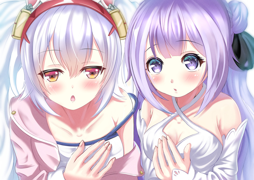 animal_ears azur_lane bangs blunt_bangs blush breasts cleavage collarbone commentary_request detached_sleeves dress eyebrows_visible_through_hair fake_animal_ears hair_between_eyes hair_bun hair_ribbon hairband hand_on_own_chest highres jacket laffey_(azur_lane) long_hair looking_at_viewer one_side_up orange_eyes parted_lips purple_eyes purple_hair rabbit_ears ribbon shirokuro_(monochrome0226) side_bun sidelocks simple_background spaghetti_strap twintails unicorn_(azur_lane) white_background white_dress white_hair