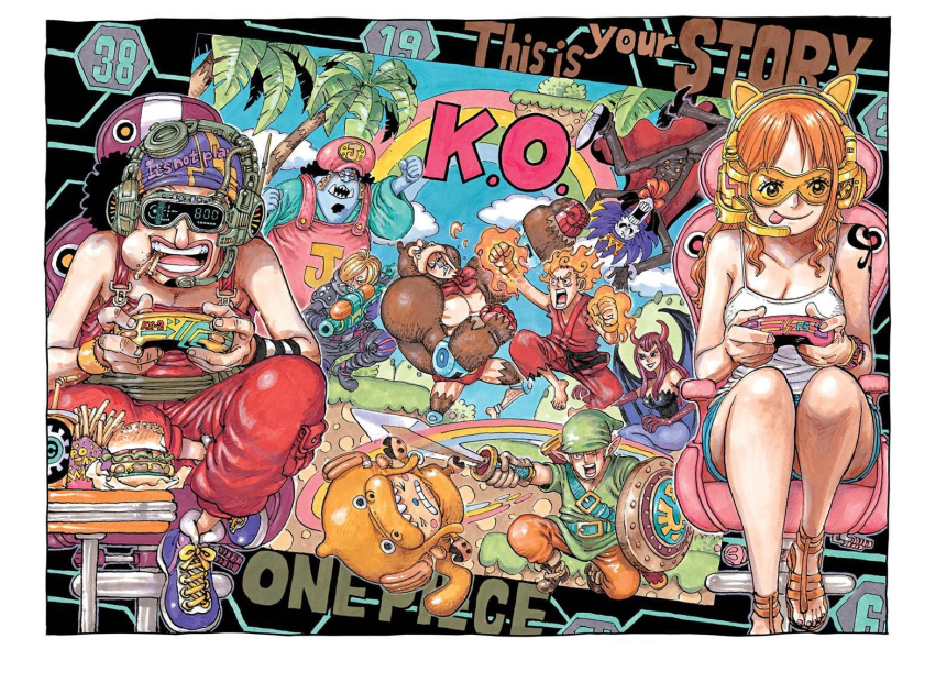 2girls 6+boys :p black_hair breasts brook burger cleavage controller copyright_name cosplay crossover crown cup disposable_cup donkey_kong donkey_kong_(cosplay) donkey_kong_(series) english_text eyelashes fighting food franky french_fries game_controller happy hat headgear headset jimbei k.o. ken_masters ken_masters_(cosplay) link link_(cosplay) long_hair mario_(series) monkey_d._luffy morrigan_aensland morrigan_aensland_(cosplay) multiple_boys multiple_girls nami_(one_piece) nico_robin oda_eiichirou official_art one_piece orange_hair pantyhose roronoa_zoro sandals sanji scar scar_across_eye shield shoes short_hair sitting smile street_fighter super_smash_bros. sword tattoo the_legend_of_zelda tongue tongue_out tony_tony_chopper tunic usopp vampire_(game) wavy_hair weapon