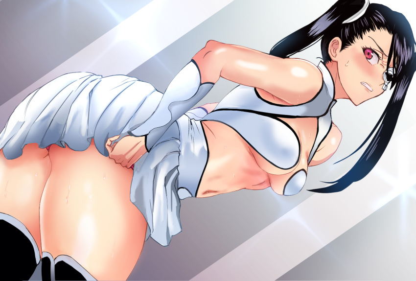 1girl arrancar ass asymmetrical_bangs bangs black_hair bleach blush breasts clothes_lift daraz18aka highres loly_aivirrne looking_at_viewer looking_back medium_breasts navel pleated_skirt red_eyes skirt skirt_lift solo stomach thighhighs two_side_up white_skirt