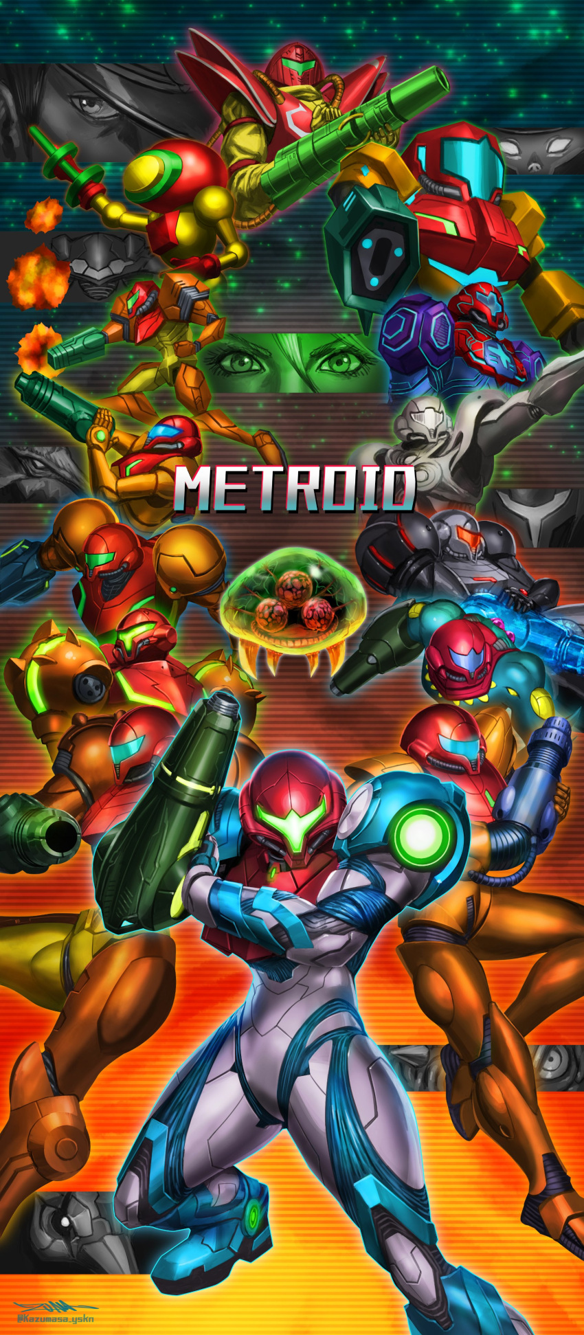 absurdres adam_malkovich arm_cannon commentary_request dark_samus helmet highres light_suit looking_at_viewer metroid metroid_(classic) metroid_(creature) metroid_2:_return_of_samus metroid_dread metroid_fusion metroid_prime metroid_prime:_federation_force metroid_prime_2:_echoes metroid_prime_3:_corruption metroid_prime_hunters mother_brain multiple_persona ped_suit phazon_suit power_armor power_suit power_suit_(metroid) raven_beak_(metroid) ridley sa-x samus_aran scar space_craft super_metroid varia_suit weapon yasukuni_kazumasa