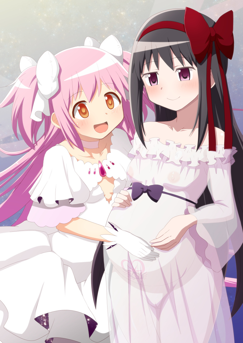 2girls :d absurdres akemi_homura akuma_homura alternate_costume areolae big_belly black_hair blue_background blush breasts choker collarbone dress hair_ribbon hand_on_another's_stomach hand_on_own_stomach highres ips_cells kaname_madoka long_hair looking_at_another mahou_shoujo_madoka_magica mahou_shoujo_madoka_magica_movie medium_breasts multiple_girls nipples open_mouth pink_hair pregnant pubic_tattoo purple_eyes pussy ribbon see-through shuruken_(yuumo) sleeveless sleeveless_dress small_breasts smile star_(sky) tattoo ultimate_madoka very_long_hair white_choker yellow_eyes yuri