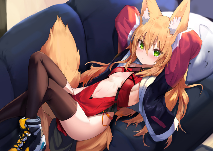 1girl animal_ear_fluff animal_ears arms_up black_footwear black_jacket blonde_hair breasts brown_legwear center_opening closed_mouth couch crossed_legs dress fox_ears fox_girl fox_tail frown green_eyes highleg jacket kitsune kokonoe_tsubaki long_hair long_sleeves looking_at_viewer lying multiple_tails navel no_bra no_panties on_back on_couch open_clothes open_jacket original pelvic_curtain red_dress revealing_clothes shoes sleeveless sleeveless_dress small_breasts sneakers solo stomach tail thighhighs thighs two_tails v-shaped_eyebrows yoshizawa_tsubaki
