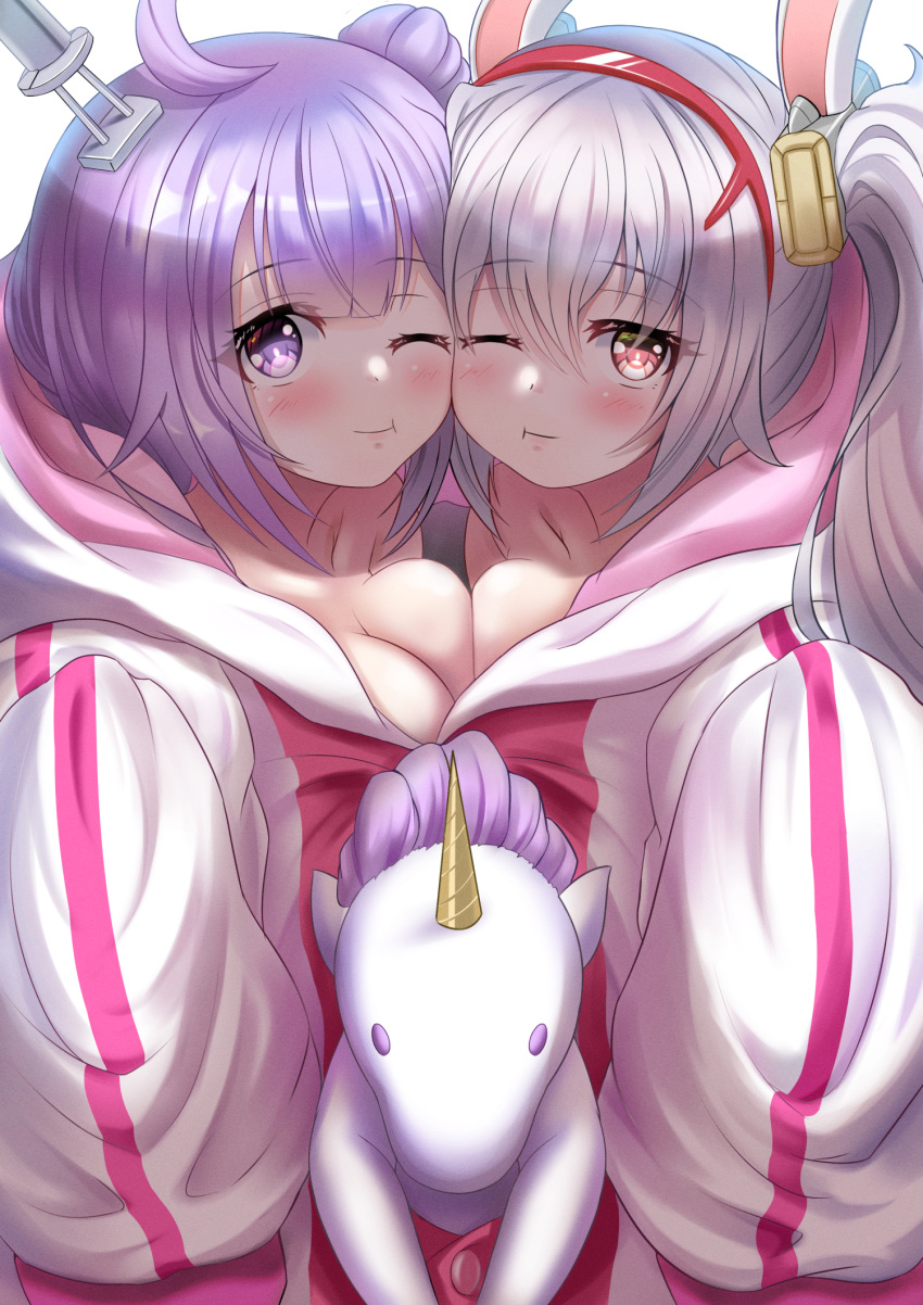 ;) ahoge alternate_costume animal_ears asymmetrical_docking azur_lane bangs blunt_bangs blush breast_press breasts cheek-to-cheek cleavage collarbone commentary_request eyebrows_visible_through_hair fake_animal_ears hair_between_eyes hair_bun hairband heads_together highres hood hooded_sweater laffey_(azur_lane) long_hair long_sleeves looking_at_viewer medium_breasts one_eye_closed oversized_clothes purple_eyes purple_hair rabbit_ears red_eyes shirokuro_(monochrome0226) side_bun sidelocks simple_background small_breasts smile sweater twintails unicorn_(azur_lane) white_background white_hair