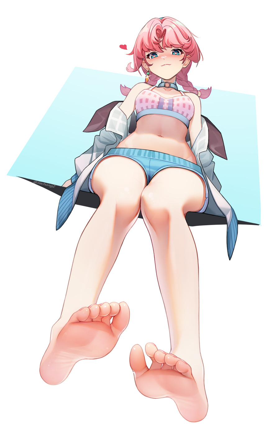 1girl absurdres arknights bangs bare_legs bare_shoulders barefoot blue_choker blue_eyes blue_poison_(arknights) blue_poison_(shoal_beat)_(arknights) blue_shorts blush braid choker collarbone commentary_request crop_top earrings eyebrows_visible_through_hair feet heart heart-shaped_pupils highres jacket jewelry jiachong_jun_z legs long_hair looking_at_viewer looking_down micro_shorts midriff navel off_shoulder official_alternate_costume open_clothes open_jacket partial_commentary pink_hair shorts smile soles solo sports_bra stomach symbol-shaped_pupils toes twin_braids