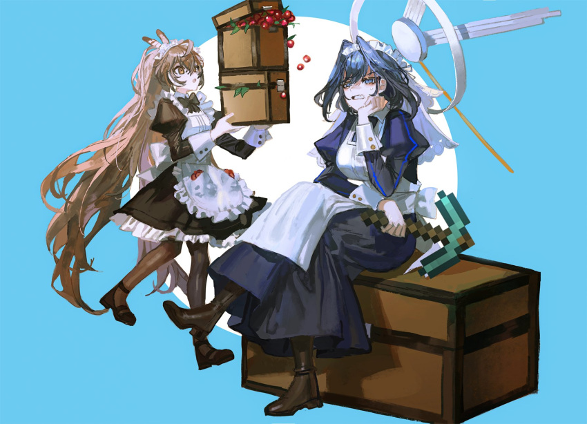 2girls alternate_costume apron bangs berry black_footwear black_hair black_legwear blue_eyes boots box breasts brown_eyes brown_hair crossed_legs enmaided fang feathers halo highres hololive hololive_english long_hair maid maid_apron maid_headdress minecraft minecraft_pickaxe multiple_girls nanashi_mumei open_mouth ouro_kronii pickaxe ponytail puffy_sleeves quasarcake sitting small_breasts sweat very_long_hair virtual_youtuber