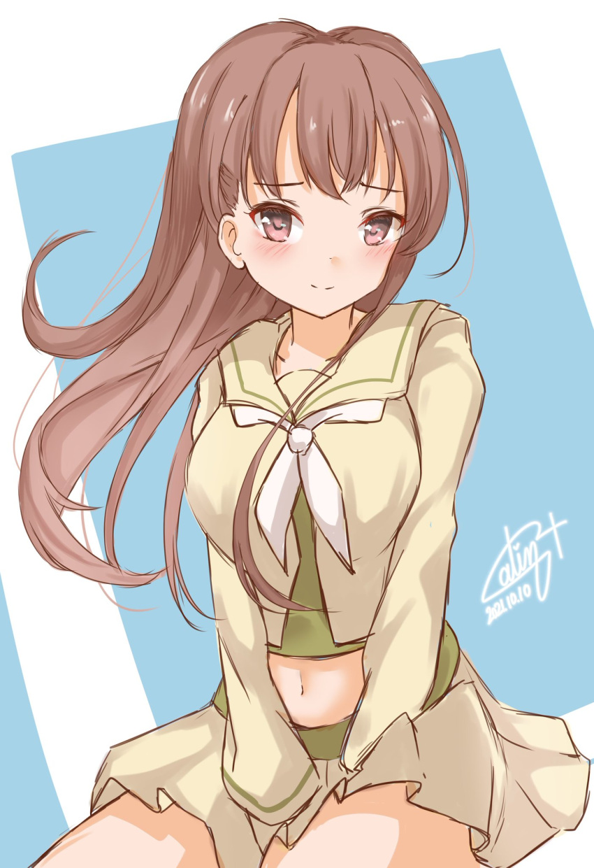 1girl beige_sailor_collar beige_serafuku beige_skirt brown_eyes brown_hair commentary_request cowboy_shot dated highres kantai_collection long_hair looking_at_viewer midriff navel neckerchief one-hour_drawing_challenge ooi_(kancolle) pen_chou pleated_skirt remodel_(kantai_collection) sailor_collar signature sitting skirt smile solo white_neckerchief