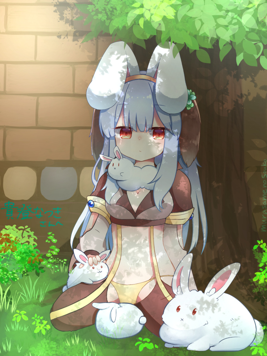 1girl :x animal_around_neck animal_ears bangs black_legwear breasts brick_wall brown_eyes bunny cleavage closed_mouth coat commentary_request crop_top dappled_sunlight day expressionless eyebrows_visible_through_hair fake_animal_ears full_body grass grey_coat grey_shirt highres light_blue_hair long_hair looking_down lunatic_(ragnarok_online) medium_breasts murasame_no_souko panties petting rabbit_ears ragnarok_online seiza shirt sitting sunlight suspenders thighhighs tree underwear warlock_(ragnarok_online) yellow_panties
