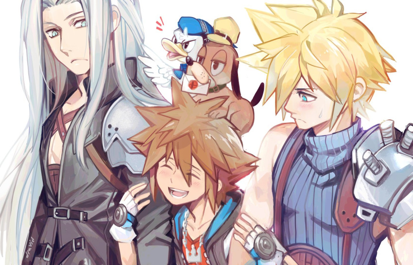 aqua_eyes armor bird blue_eyes brown_hair closed_eyes cloud_strife dog_(duck_hunt) donald_duck duck_(duck_hunt) duck_hunt final_fantasy final_fantasy_vii fingerless_gloves gloves goofy green_eyes hood hoodie kingdom_hearts kingdom_hearts_i long_coat long_hair pauldrons sebychu sephiroth short_hair shoulder_armor silver_hair single_pauldron sleeveless smash_invitation sora_(kingdom_hearts) spiked_hair super_smash_bros. suspenders