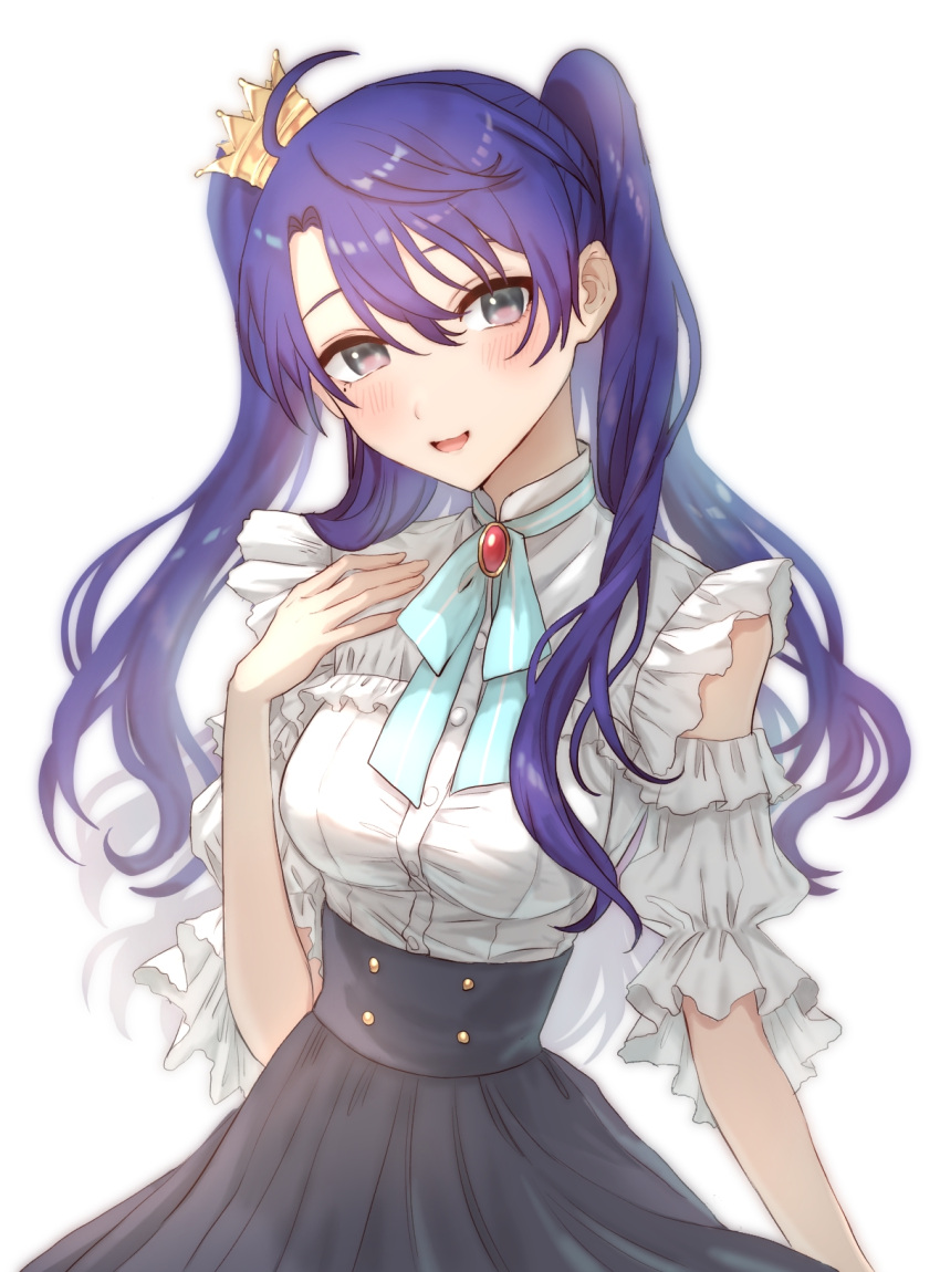 1girl :3 bangs black_skirt blue_eyes blue_hair blue_neckwear blush clothing_cutout crown frilled_shirt frills genderswap genderswap_(mtf) hair_between_eyes harusaki_air high-waist_skirt highres long_sleeves looking_at_viewer loveodoro mini_crown mole mole_under_eye nijisanji open_mouth parted_bangs pleated_skirt quad_tails shirt shoulder_cutout simple_background skirt smile solo tilted_headwear twintails virtual_youtuber white_background white_shirt
