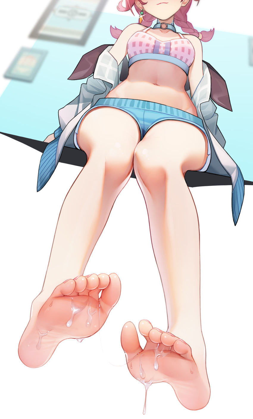 1girl absurdres arknights bangs bare_legs bare_shoulders barefoot blue_choker blue_poison_(arknights) blue_poison_(shoal_beat)_(arknights) blue_shorts braid choker collarbone commentary_request crop_top cum cum_on_feet earrings feet head_out_of_frame highres jacket jewelry jiachong_jun_z legs long_hair micro_shorts midriff navel off_shoulder official_alternate_costume open_clothes open_jacket partial_commentary pink_hair shorts smile soles solo sports_bra stomach toes twin_braids