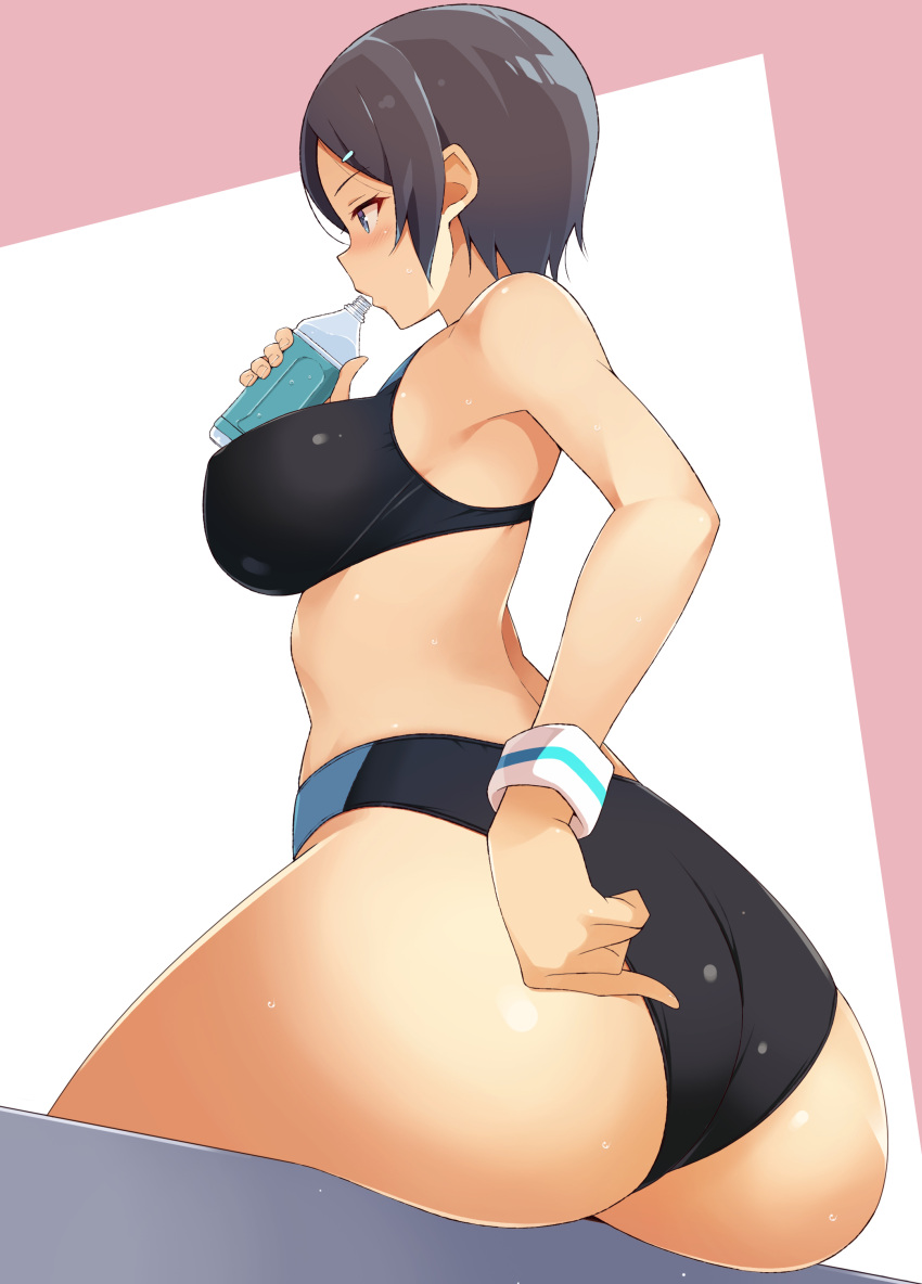 1girl absurdres ass back bangs bare_arms black_buruma black_sports_bra blue_eyes blush bottle breasts buruma buruma_pull commentary_request covered_nipples drinking hair_ornament hairclip highres holding holding_bottle large_breasts nakamura_yukitoshi original parted_bangs short_hair simple_background sitting solo sports_bra sweatband thighs twisted_torso two-tone_background water_bottle