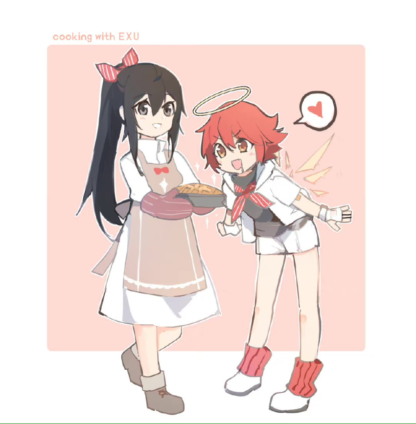 2girls :d apple_pie apron arknights bangs black_hair black_shirt brown_apron brown_background brown_eyes brown_footwear brown_wings commentary_request detached_wings doctor_(arknights) dress drooling exusiai_(arknights) eyebrows_visible_through_hair female_doctor_(arknights) grey_eyes hair_between_eyes hair_ribbon halo heart holding jacket long_hair loose_socks mouth_drool multiple_girls neckerchief open_clothes open_jacket open_mouth oven_mitts ponytail red_hair red_legwear red_neckerchief ribbed_legwear ribbon shirt shoes short_shorts short_sleeves shorts smile socks spoken_heart striped striped_neckerchief tianye_toshi two-tone_background v-shaped_eyebrows very_long_hair white_background white_dress white_footwear white_jacket white_shorts wings