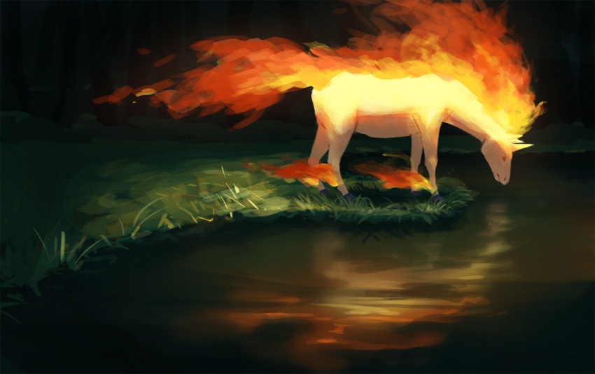 closed_mouth commentary_request fire grass highres horns looking_down no_humans one-hour_drawing_challenge pokemon pokemon_(creature) rapidash rend single_horn solo water