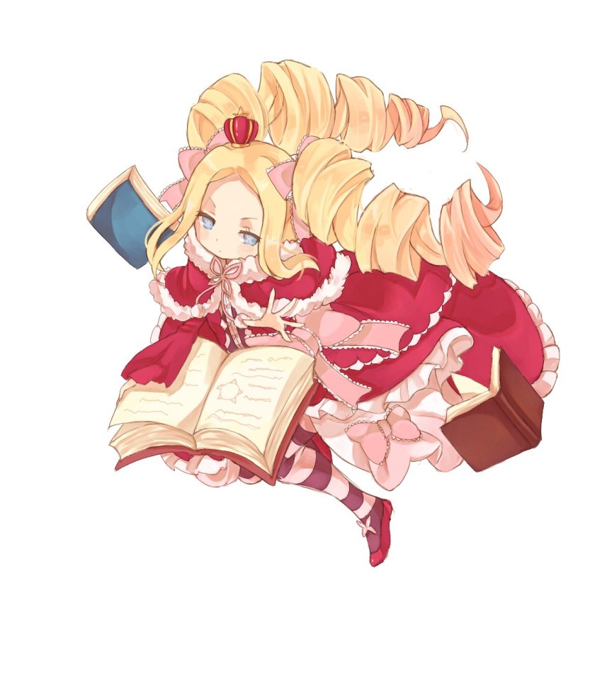 1girl beatrice_(re:zero) blonde_hair blue_eyes book bow crown dress dress_bow drill_hair full_body hair_ribbon highres long_hair mini_crown open_book pink_bow pink_dress pink_ribbon re:zero_kara_hajimeru_isekai_seikatsu red_footwear ribbon shiro_(a923808254) simple_background solo striped striped_legwear symbol-shaped_pupils very_long_hair white_background